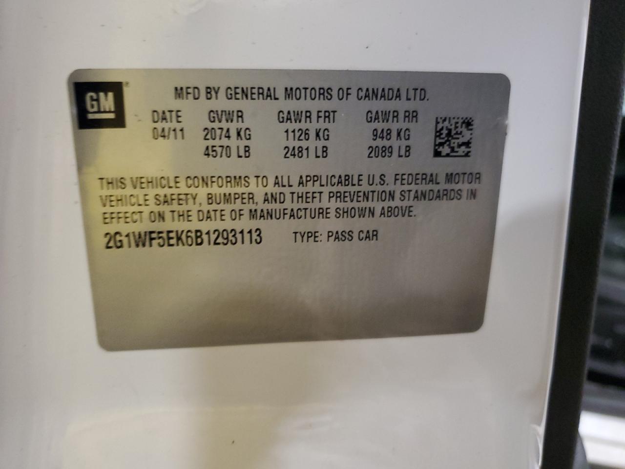 2011 Chevrolet Impala Ls VIN: 2G1WF5EK6B1293113 Lot: 51228885