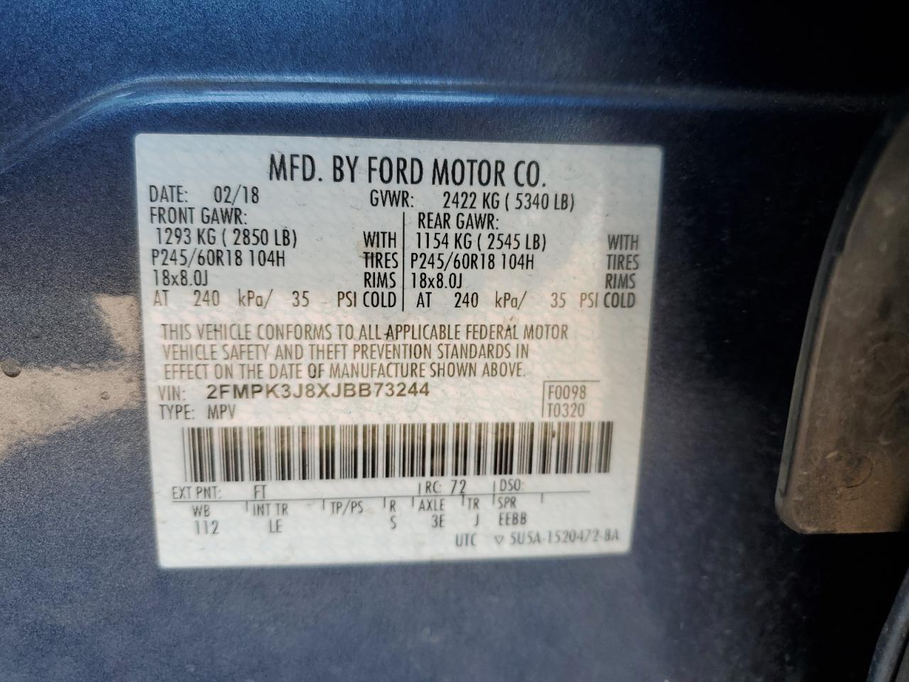 2018 Ford Edge Sel VIN: 2FMPK3J8XJBB73244 Lot: 64515045