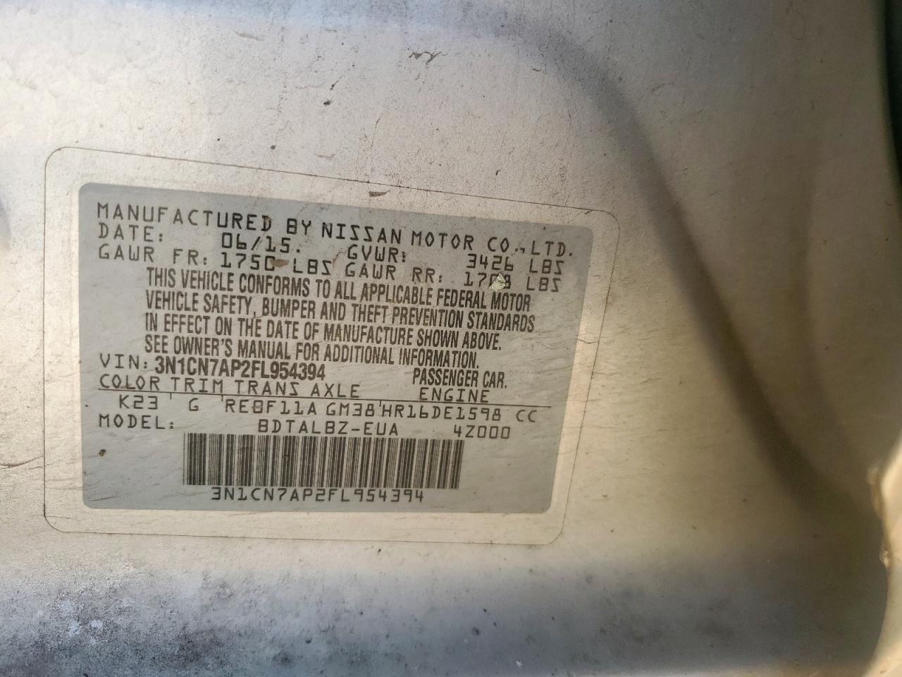 2015 Nissan Versa S VIN: 3N1CN7AP2FL954394 Lot: 65091295