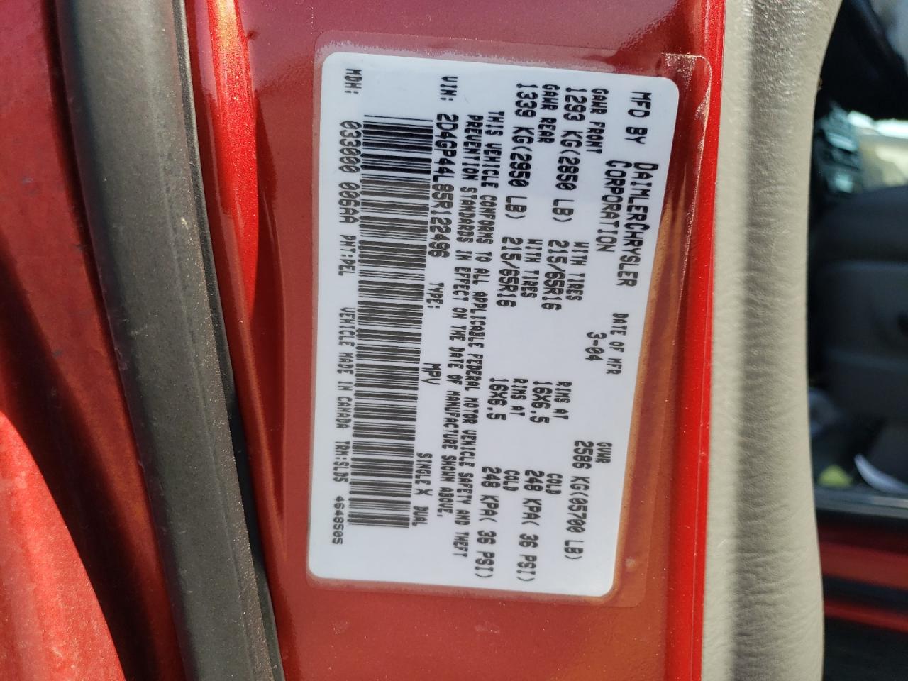 2005 Dodge Grand Caravan Sxt VIN: 2D4GP44L85R122496 Lot: 64395195