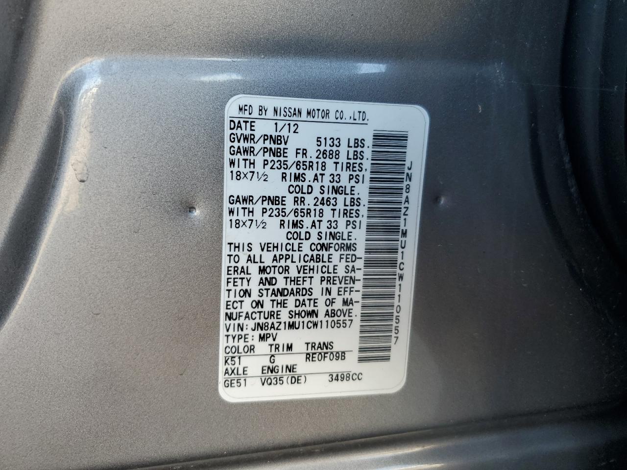 2012 Nissan Murano S VIN: JN8AZ1MU1CW110557 Lot: 63914935