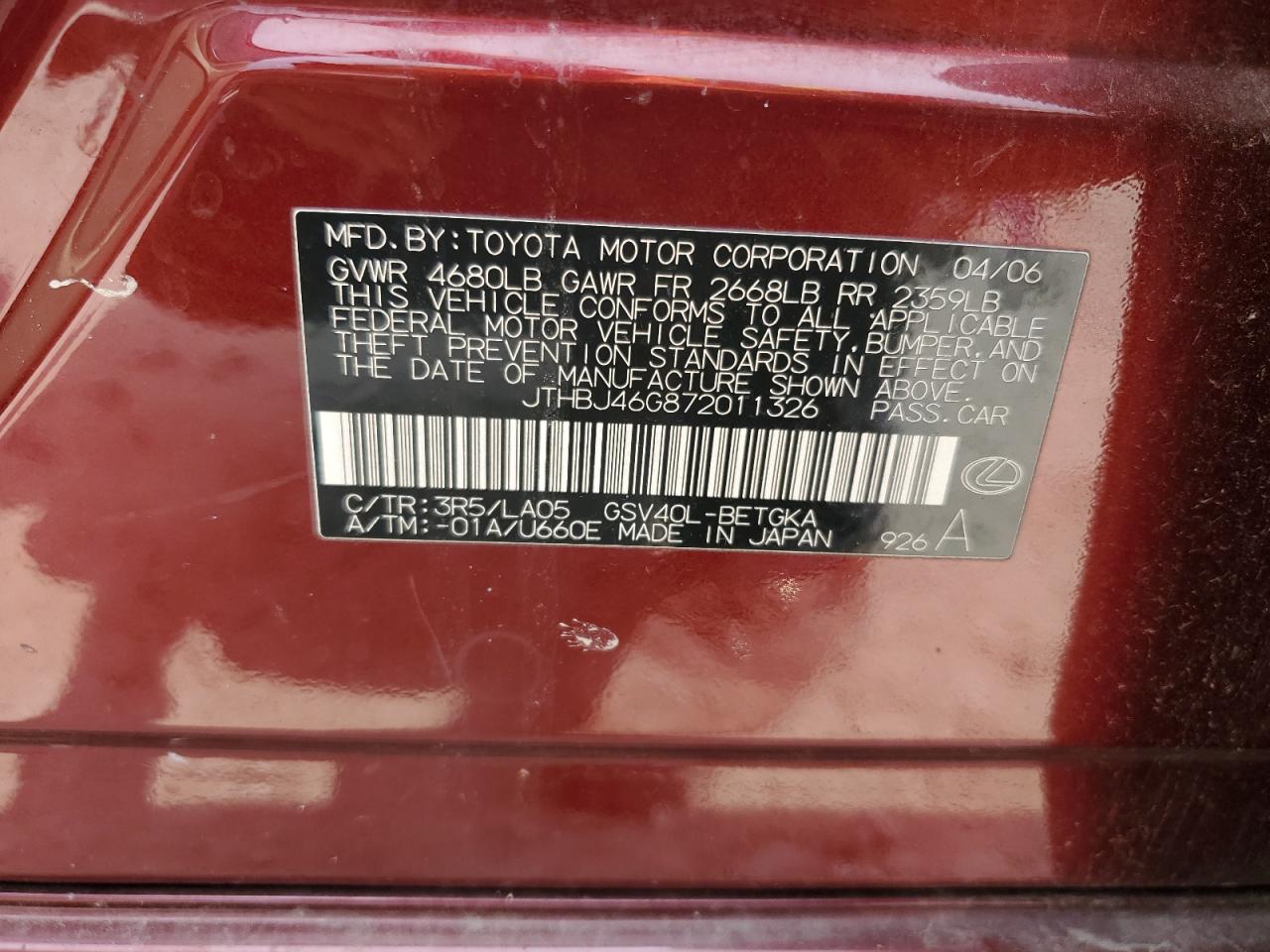 2007 Lexus Es 350 VIN: JTHBJ46G872011326 Lot: 64229785