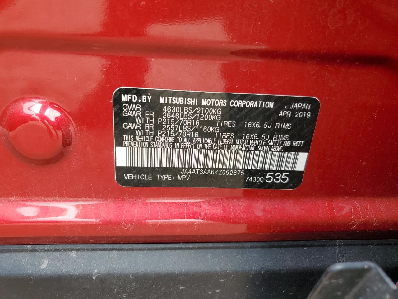 2019 Mitsubishi Eclipse Cross Es VIN: JA4AT3AA6KZ052875 Lot: 65003645