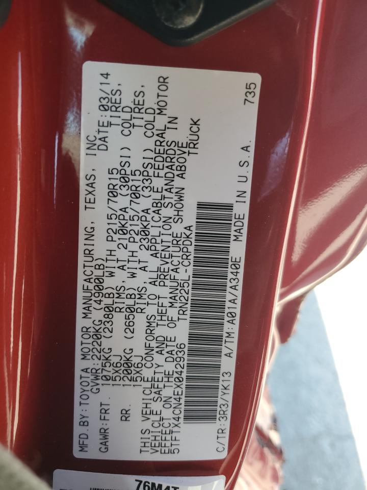 2014 Toyota Tacoma Access Cab VIN: 5TFTX4CN4EX042936 Lot: 64295645