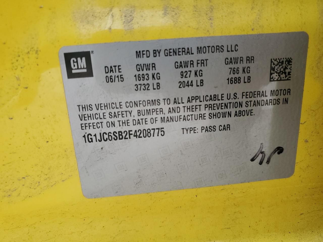 2015 Chevrolet Sonic Lt VIN: 1G1JC6SB2F4208775 Lot: 65245085