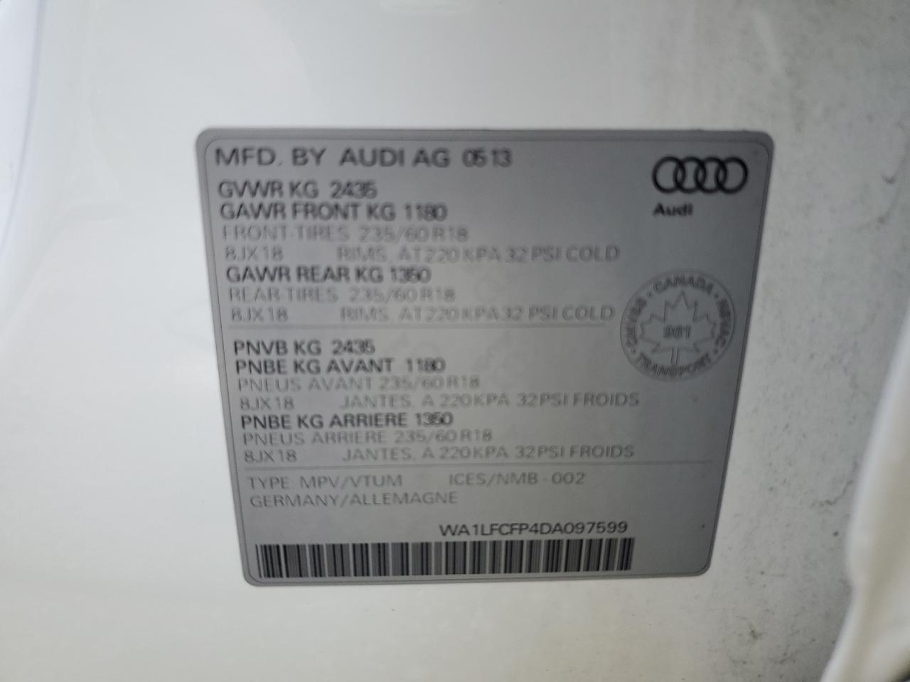 2013 Audi Q5 Premium Plus VIN: WA1LFCFP4DA097599 Lot: 64256635