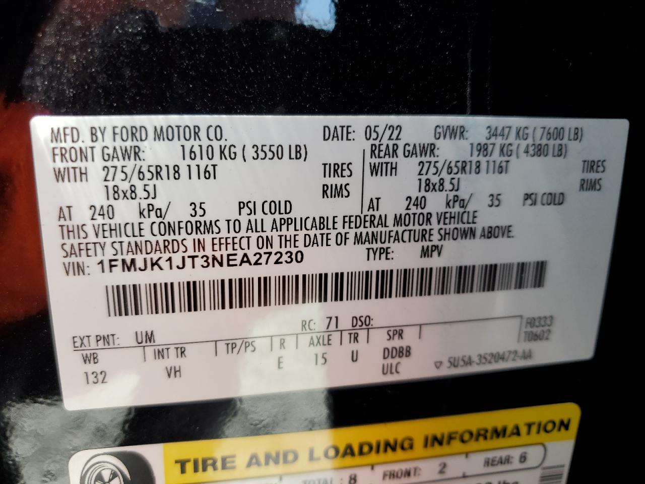2022 Ford Expedition Max Xlt VIN: 1FMJK1JT3NEA27230 Lot: 64072565