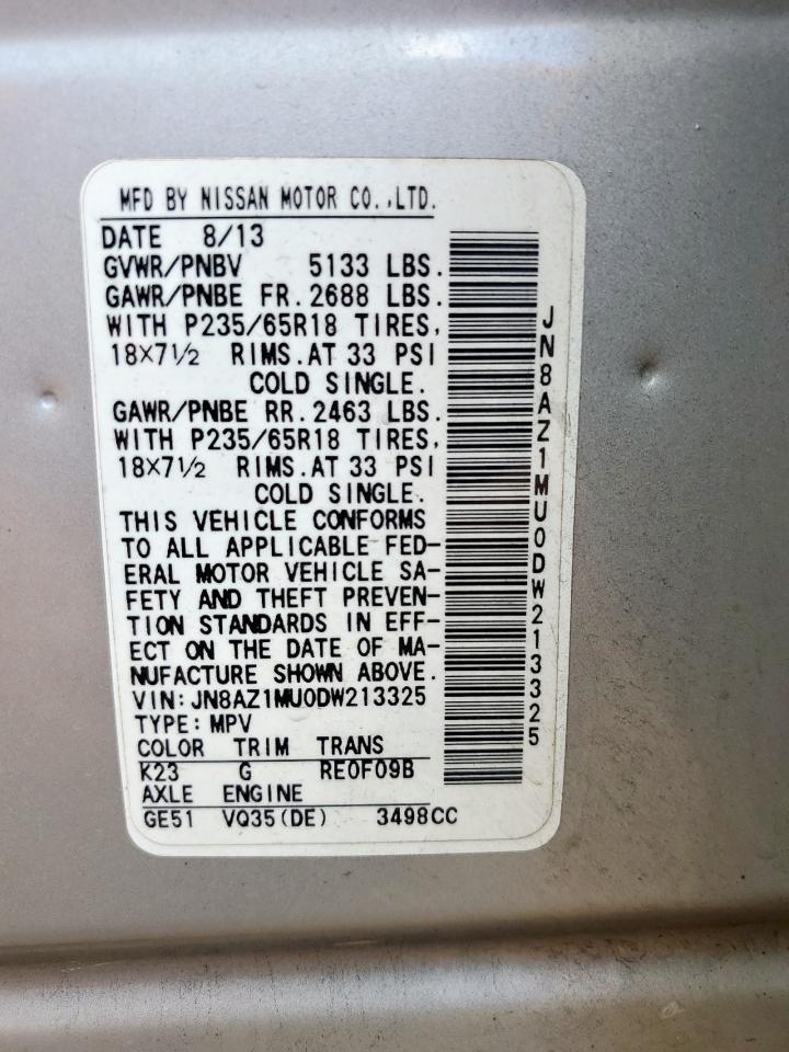 2013 Nissan Murano S VIN: JN8AZ1MU0DW213325 Lot: 64358585