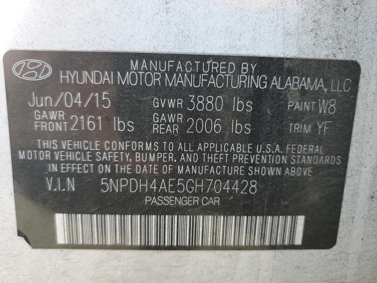 2016 Hyundai Elantra Se VIN: 5NPDH4AE5GH704428 Lot: 66845465