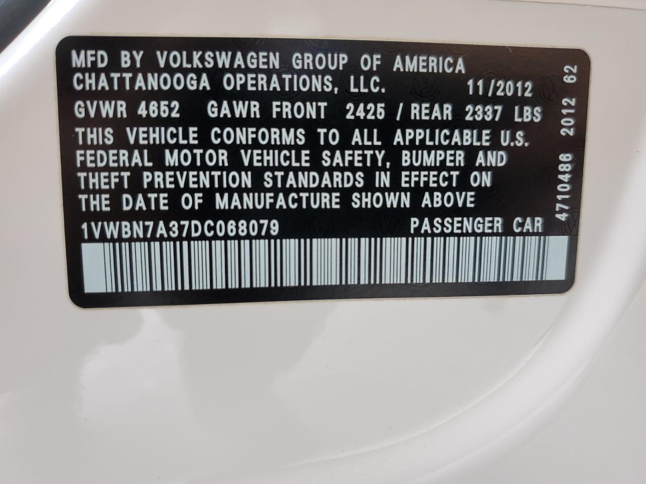 2013 Volkswagen Passat Se VIN: 1VWBN7A37DC068079 Lot: 64983175
