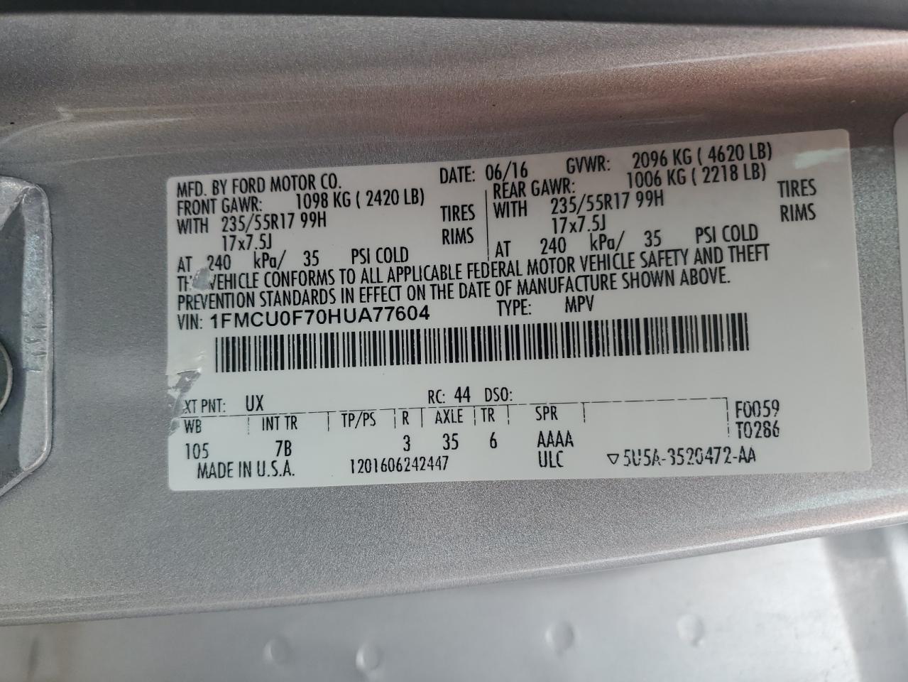 2017 Ford Escape S VIN: 1FMCU0F70HUA77604 Lot: 65176435