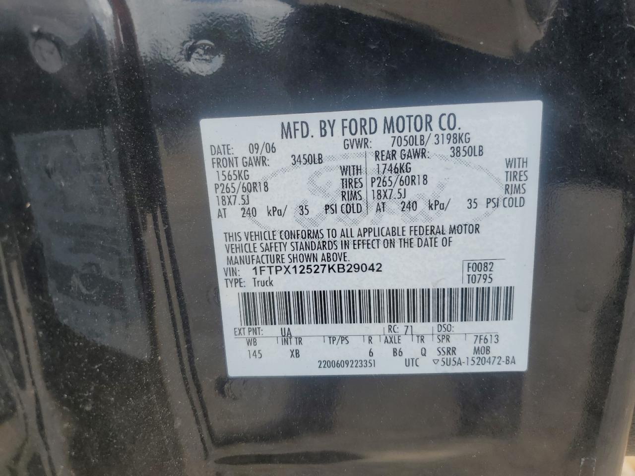 2007 Ford F150 VIN: 1FTPX12527KB29042 Lot: 64579705