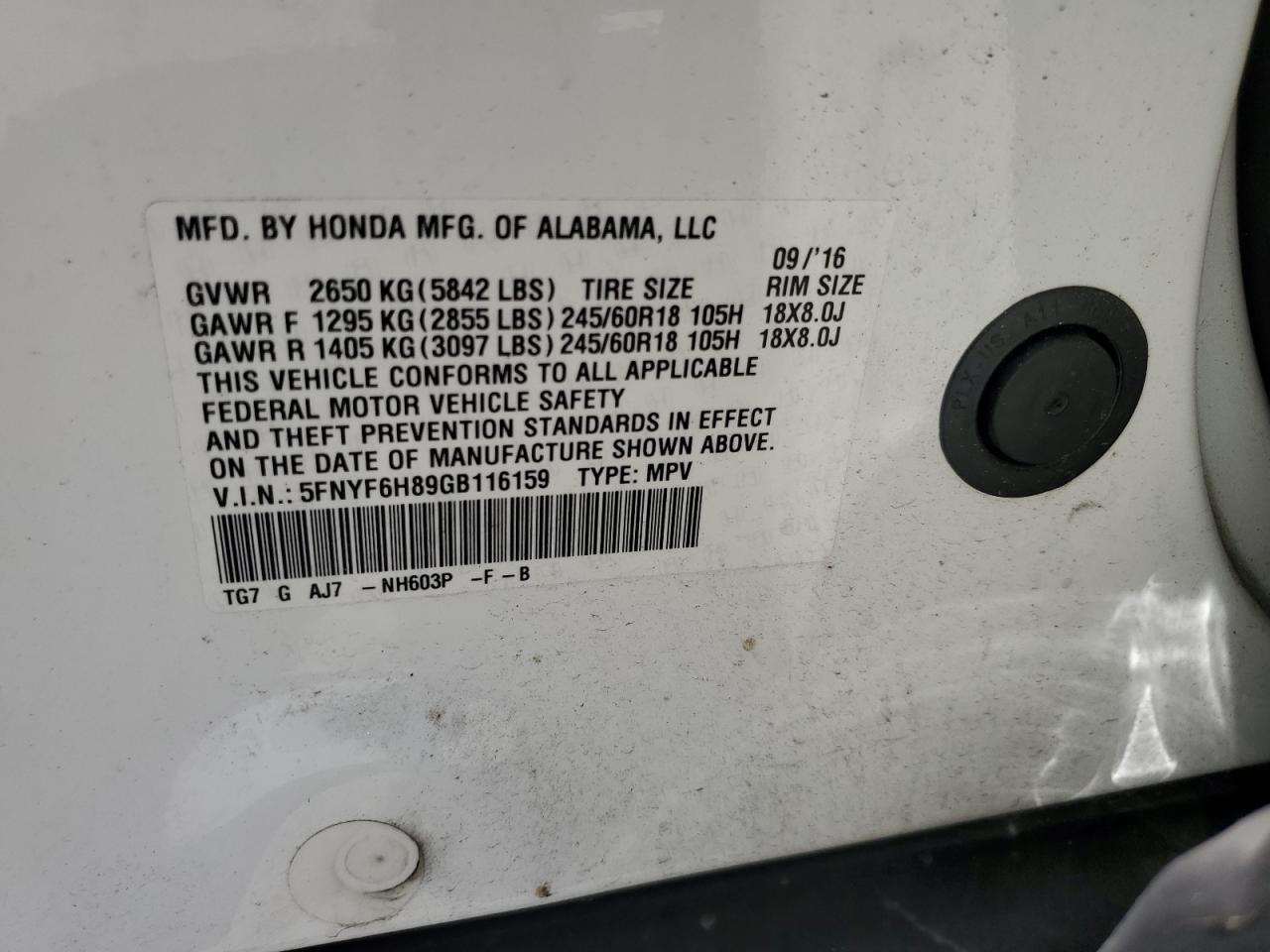 2016 Honda Pilot Exl VIN: 5FNYF6H89GB116159 Lot: 63752785