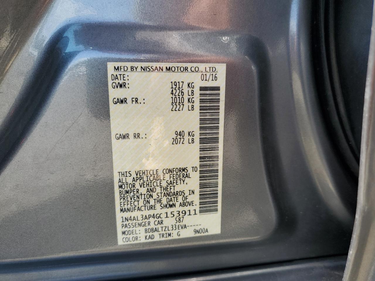 2016 Nissan Altima 2.5 VIN: 1N4AL3AP4GC153911 Lot: 65015365