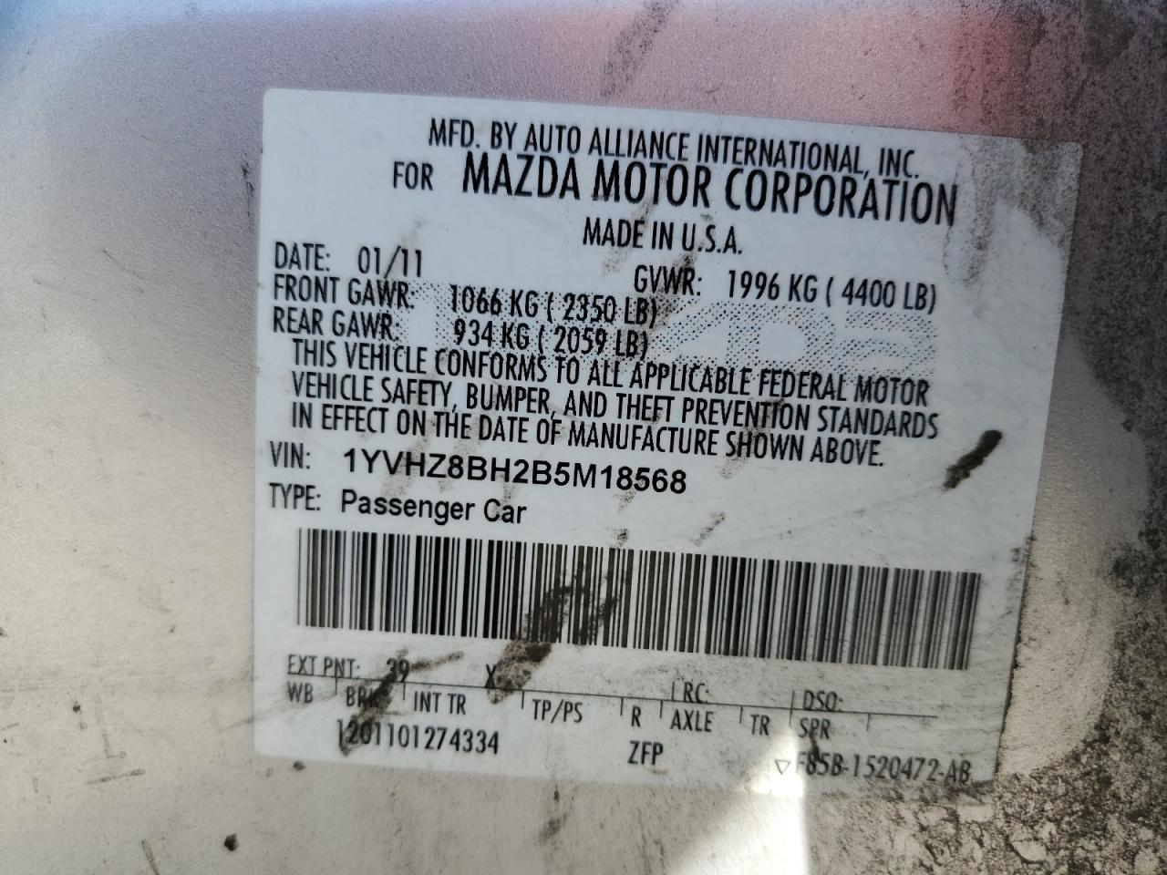 2011 Mazda 6 I VIN: 1YVHZ8BH2B5M18568 Lot: 63335695