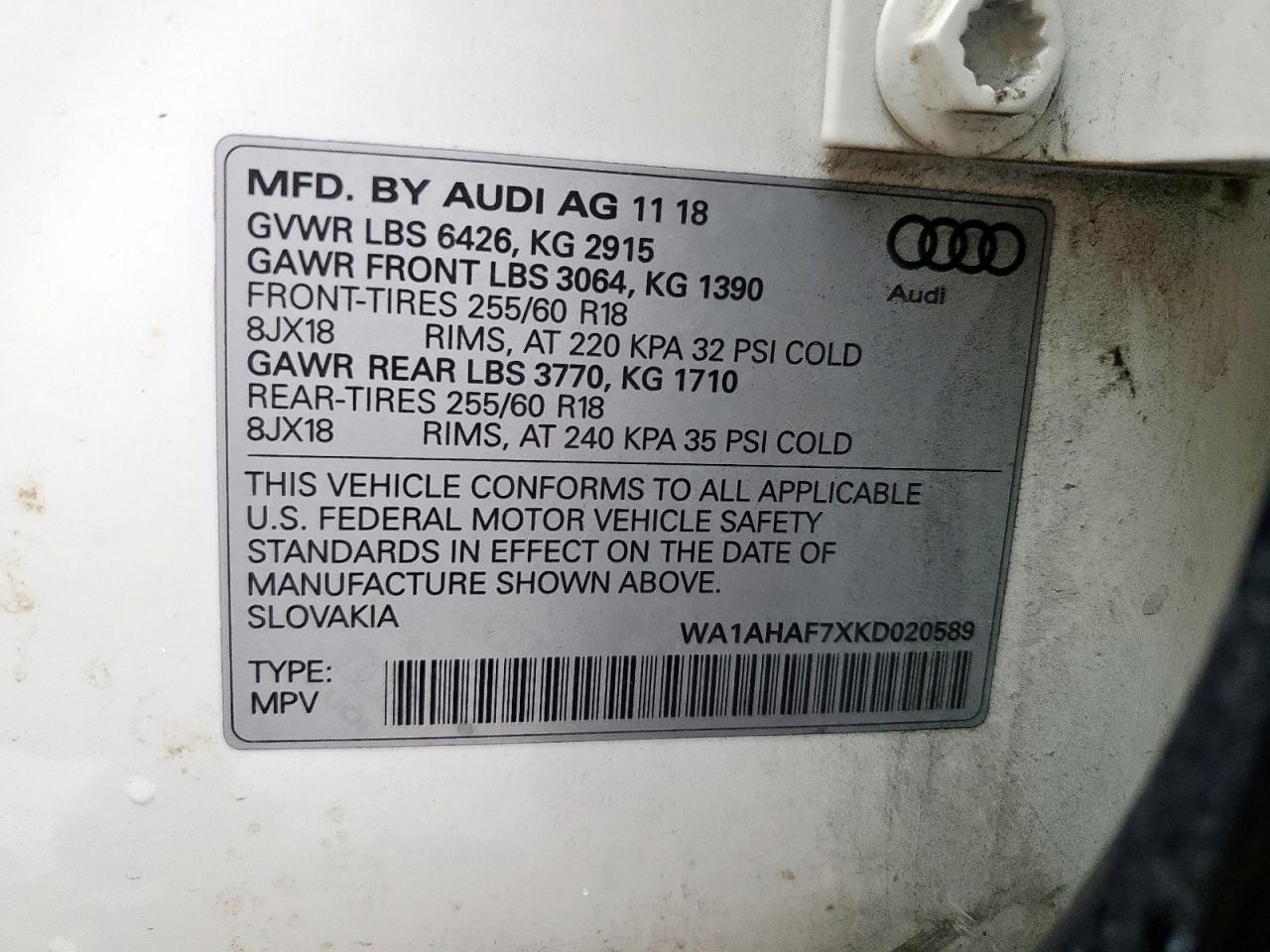 2019 Audi Q7 Premium VIN: WA1AHAF7XKD020589 Lot: 63687685