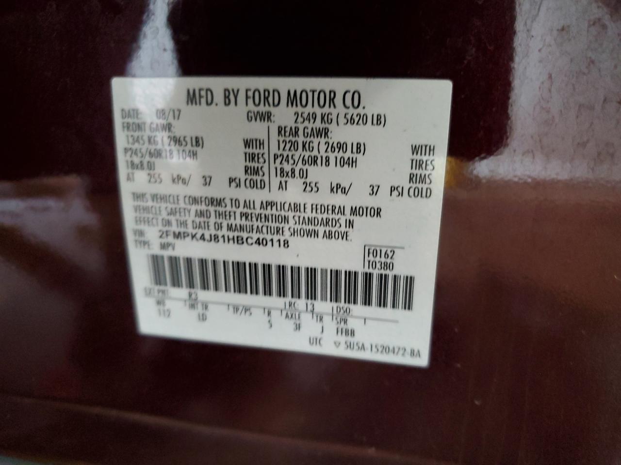 2017 Ford Edge Sel VIN: 2FMPK4J81HBC40118 Lot: 65215195