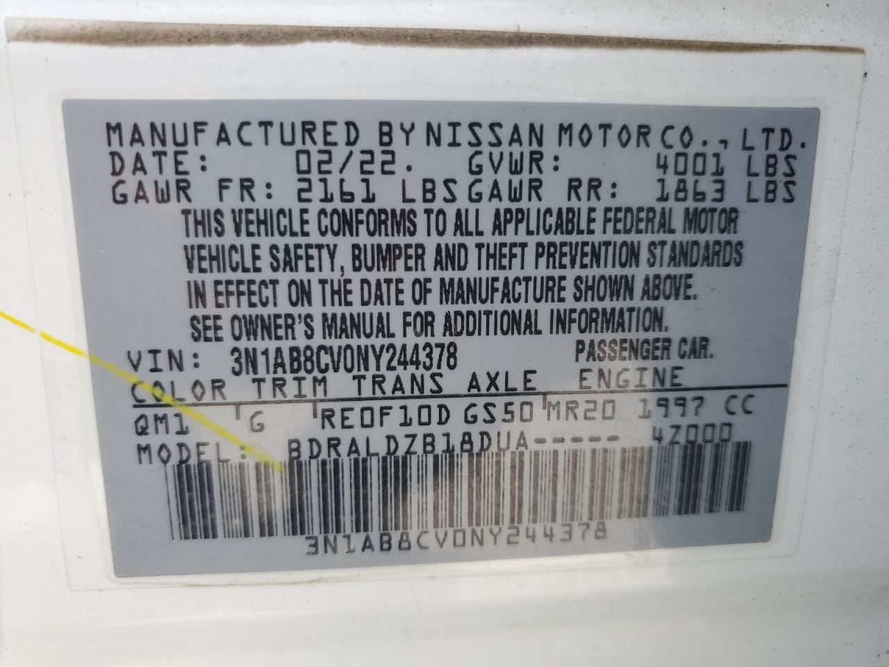 2022 Nissan Sentra Sv VIN: 3N1AB8CV0NY244378 Lot: 64397945