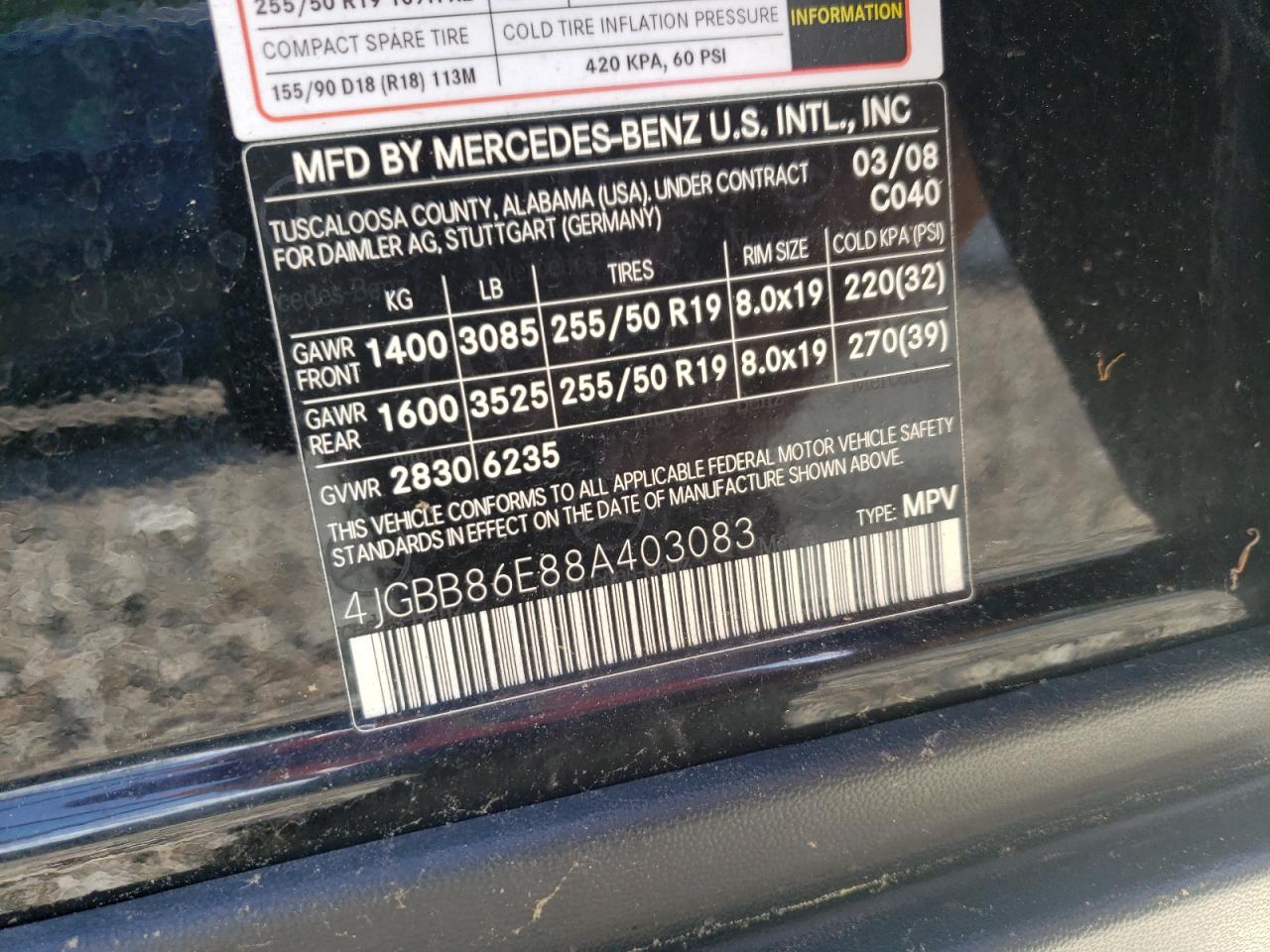 2008 Mercedes-Benz Ml 350 VIN: 4JGBB86E88A403083 Lot: 63214865