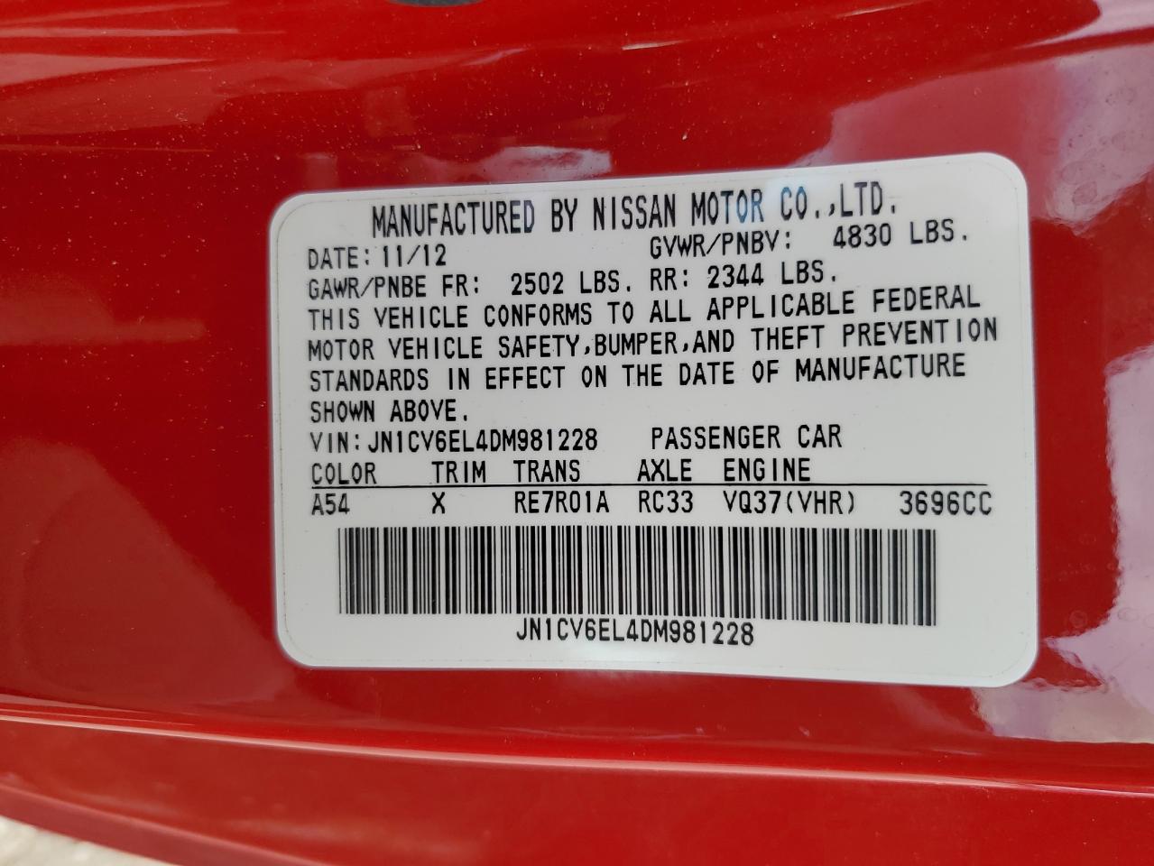 2013 Infiniti G37 VIN: JN1CV6EL4DM981228 Lot: 64078205