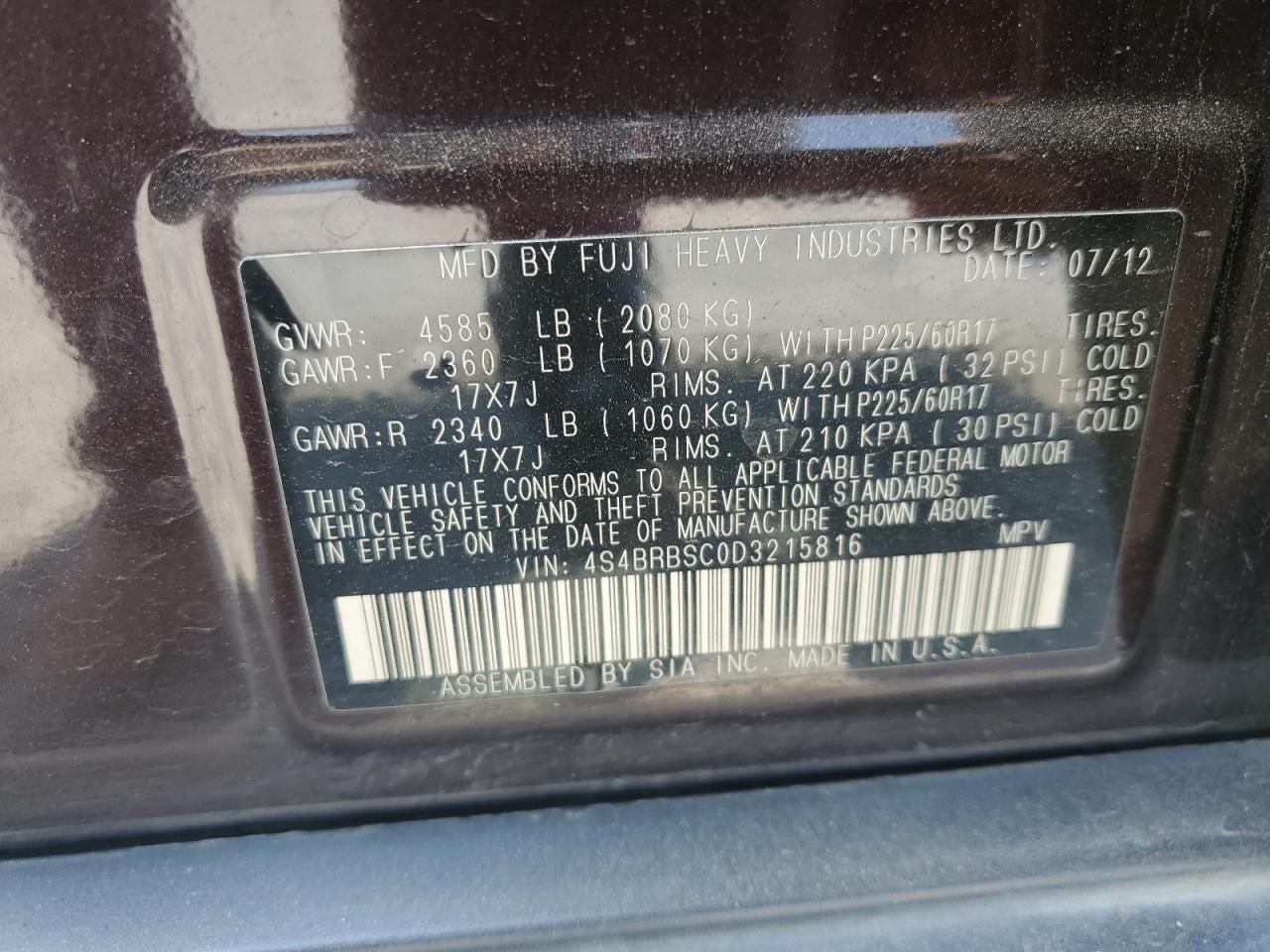2013 Subaru Outback 2.5I Limited VIN: 4S4BRBSC0D3215816 Lot: 64907695