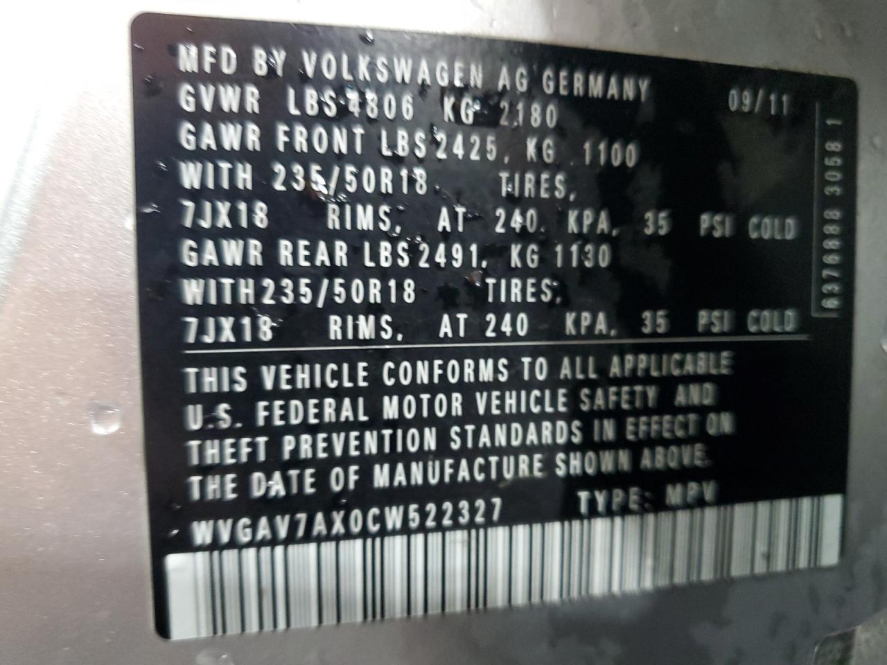 2012 Volkswagen Tiguan S VIN: WVGAV7AX0CW522327 Lot: 65325015
