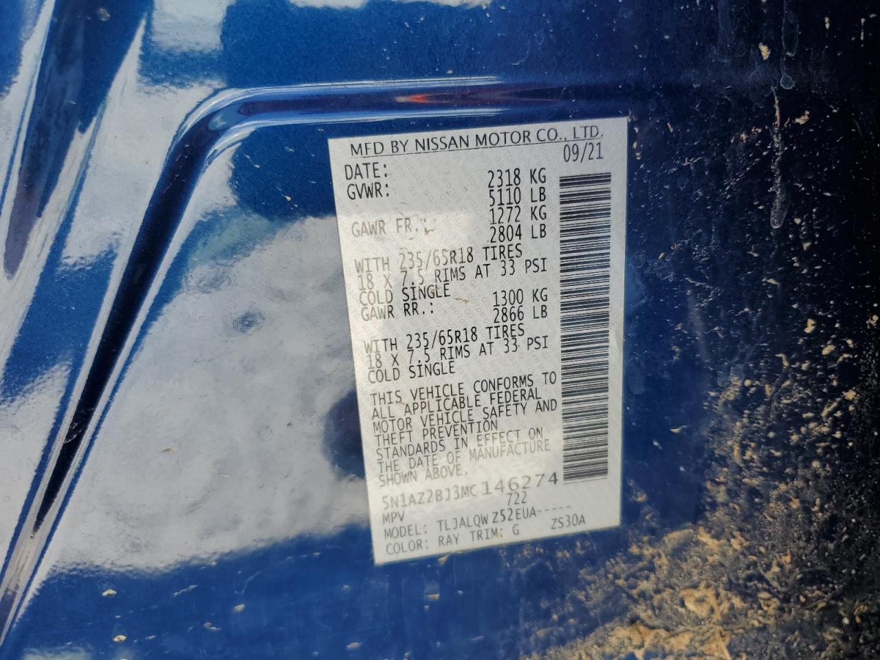 2021 Nissan Murano Sv VIN: 5N1AZ2BJ3MC146274 Lot: 64959875