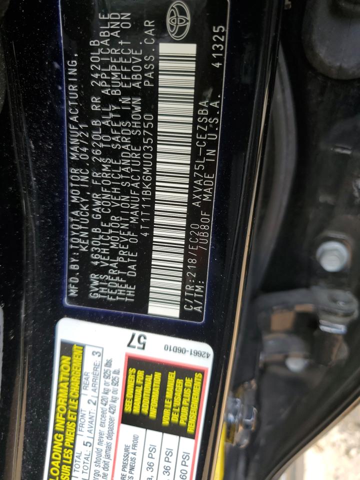2021 Toyota Camry Se VIN: 4T1T11BK6MU035750 Lot: 63710235