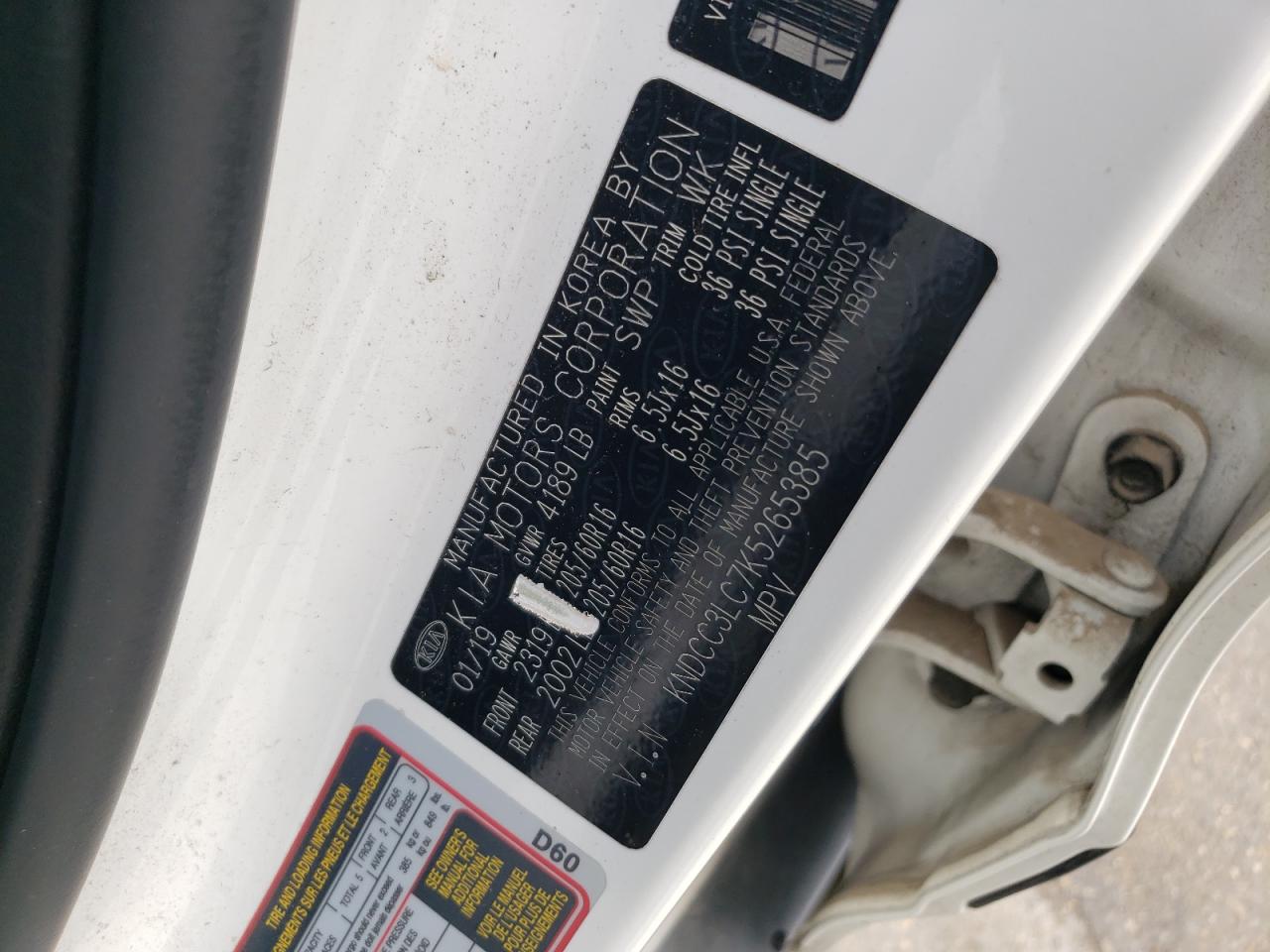 2019 Kia Niro Ex VIN: KNDCC3LC7K5265385 Lot: 65168145