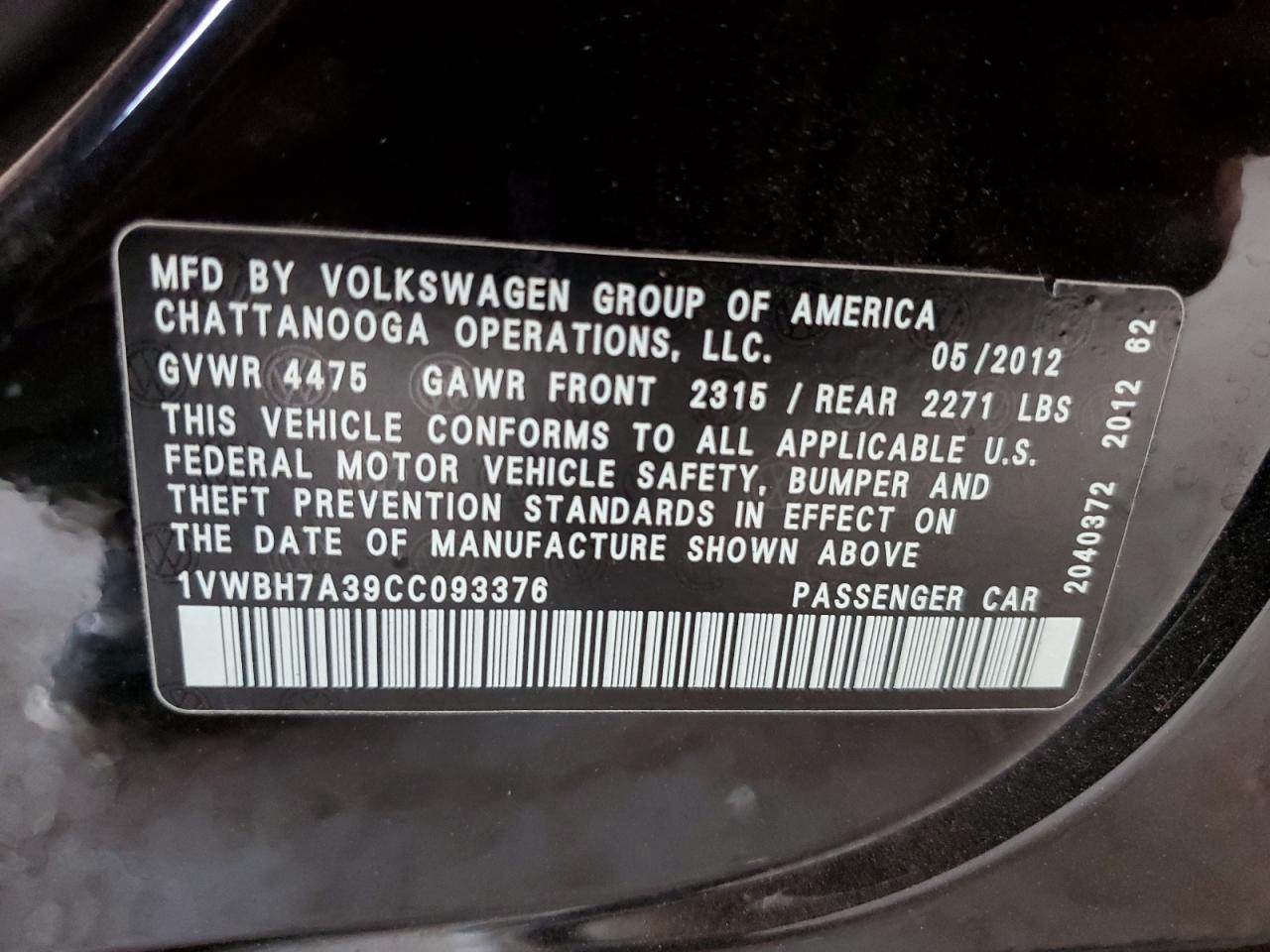 2012 Volkswagen Passat Se VIN: 1VWBH7A39CC093376 Lot: 67121805