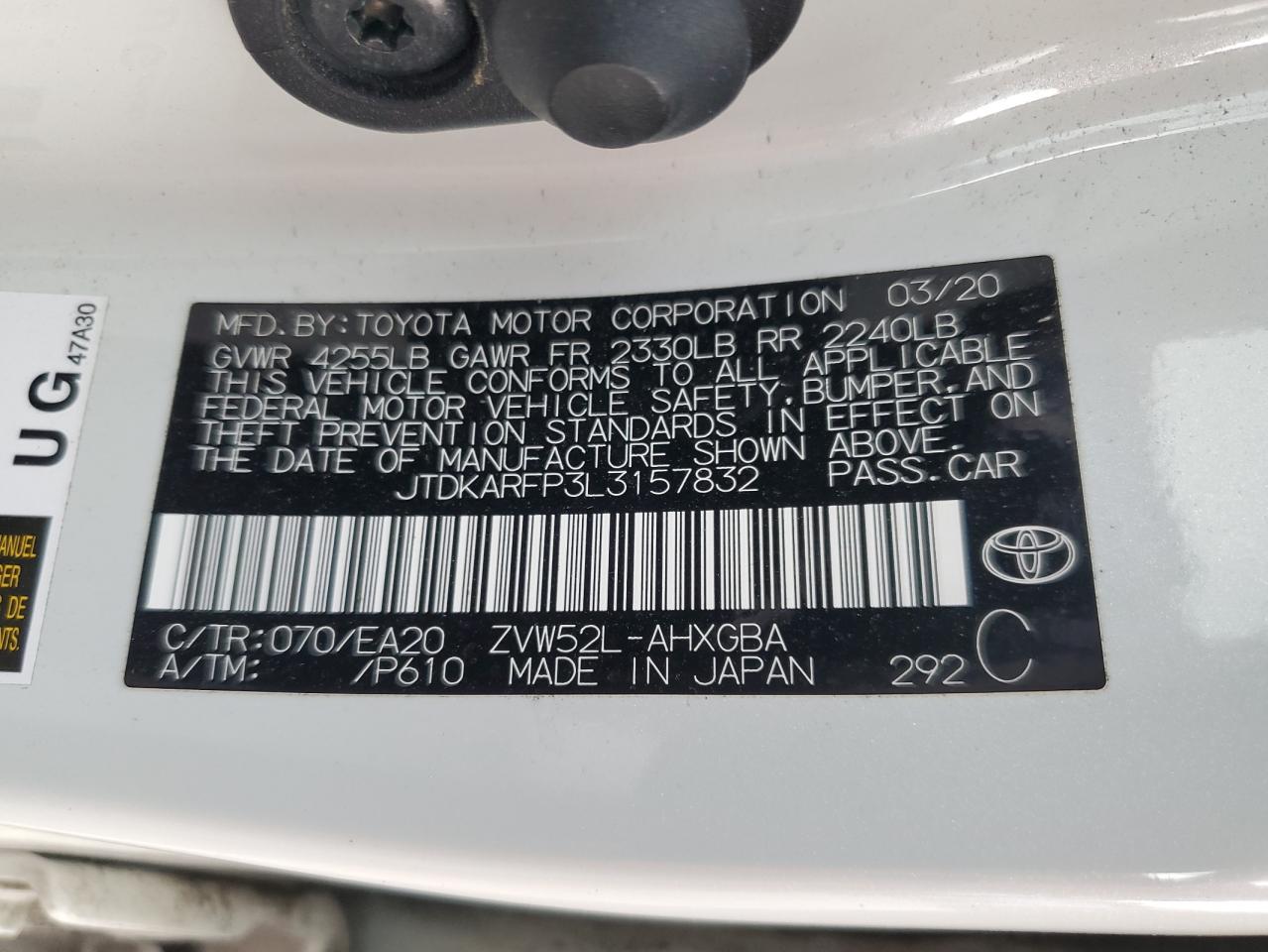 2020 Toyota Prius Prime Le VIN: JTDKARFP3L3157832 Lot: 62648275
