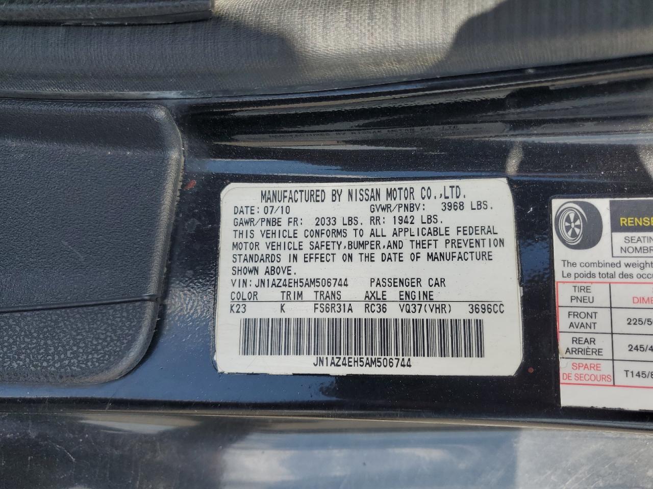 2010 Nissan 370Z VIN: JN1AZ4EH5AM506744 Lot: 62328805