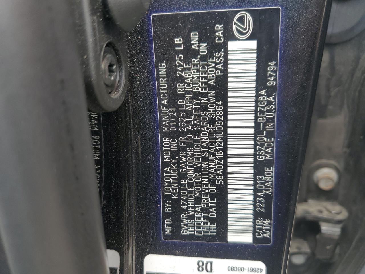 2021 Lexus Es 350 Base VIN: 58ADZ1B12MU092864 Lot: 62913335