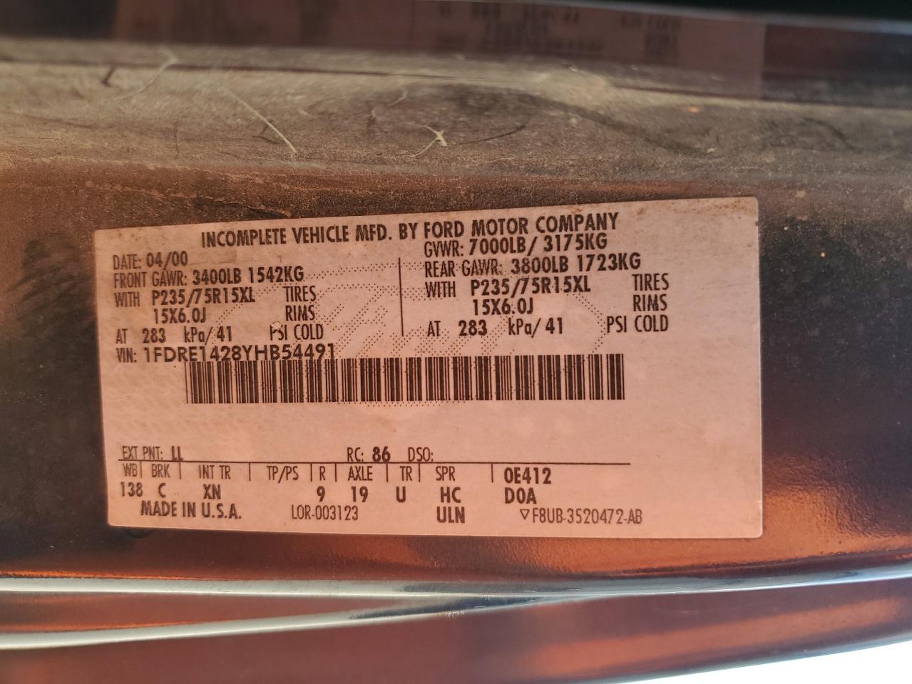 2000 Ford Econoline E150 Van VIN: 1FDRE1428YHB54491 Lot: 63056125