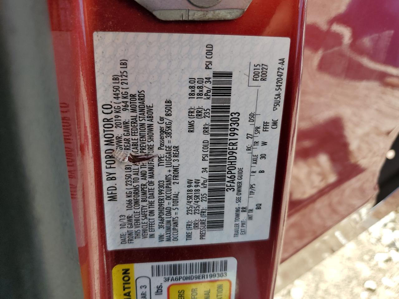 2014 Ford Fusion Se VIN: 3FA6P0HD9ER199303 Lot: 61716455