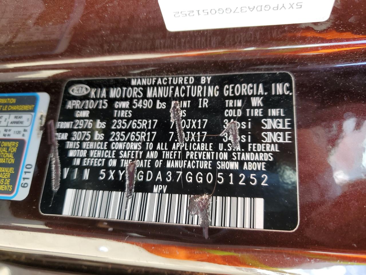 2016 Kia Sorento Lx VIN: 5XYPGDA37GG051252 Lot: 63826335