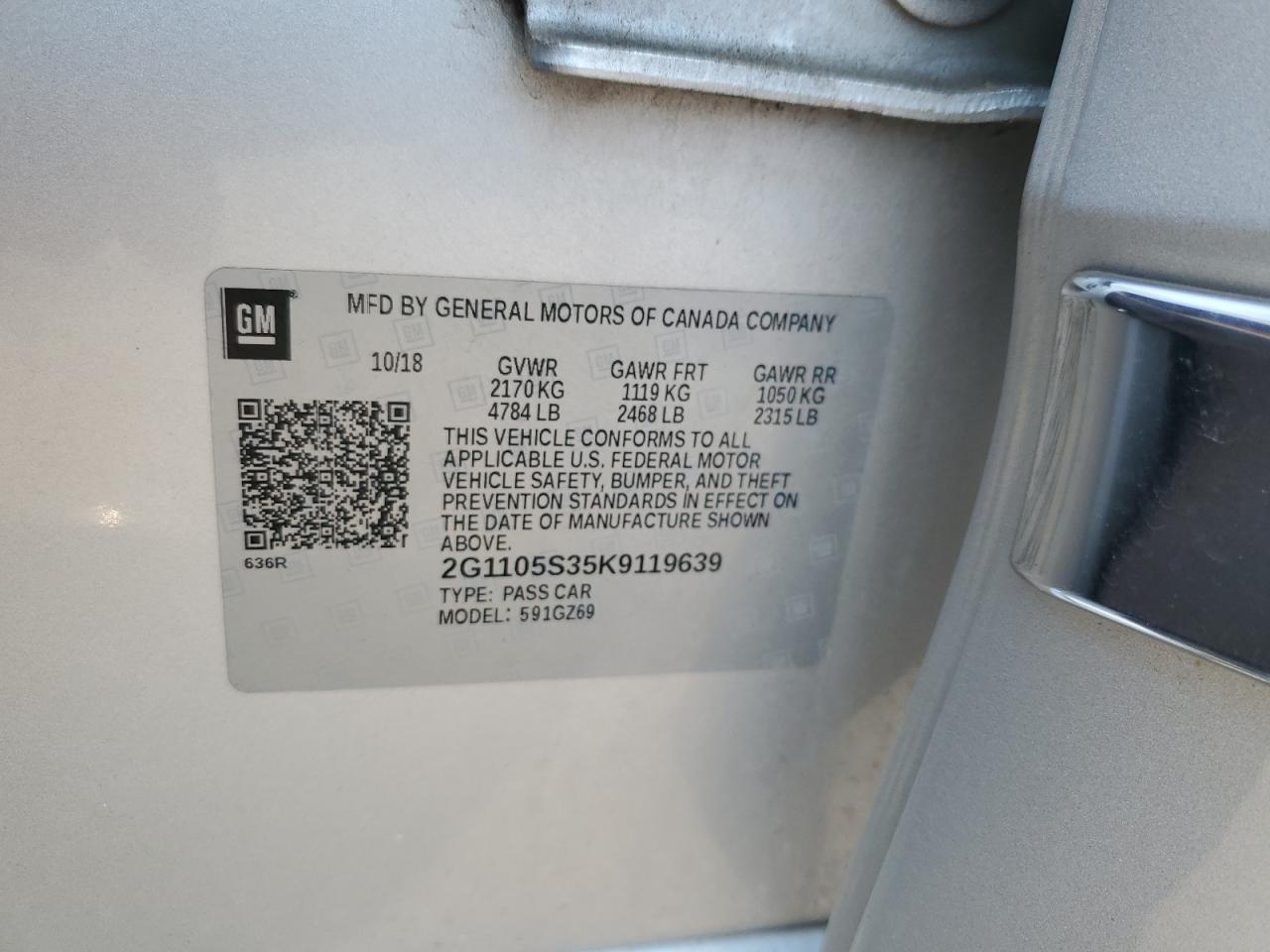 2019 Chevrolet Impala Premier VIN: 2G1105S35K9119639 Lot: 64364425