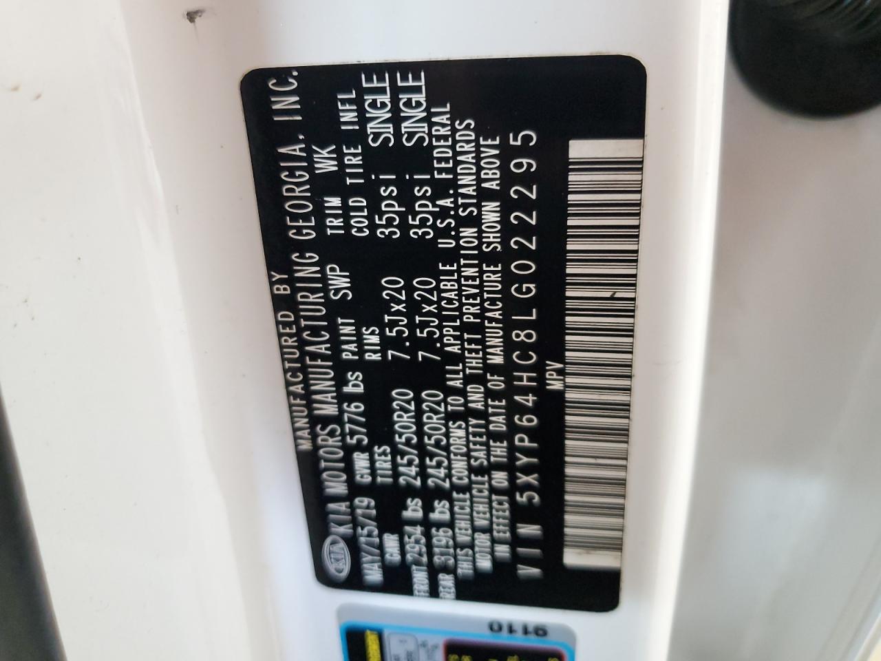 2020 Kia Telluride S VIN: 5XYP64HC8LG022295 Lot: 66942645