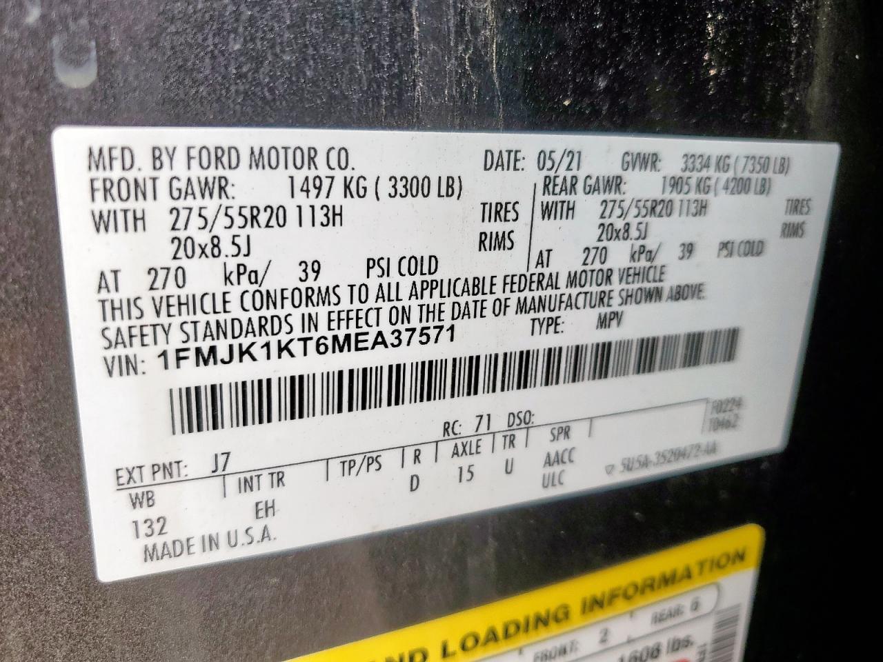 2021 Ford Expedition Max Limited VIN: 1FMJK1KT6MEA37571 Lot: 63531075