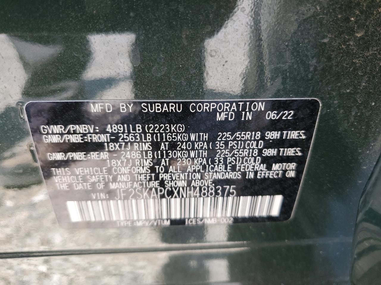 2022 Subaru Forester Limited VIN: JF2SKAPCXNH488375 Lot: 64265035