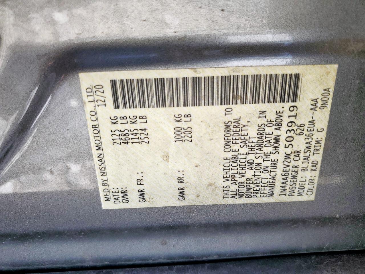 2021 Nissan Maxima Sr VIN: 1N4AA6EV2MC503919 Lot: 66278295