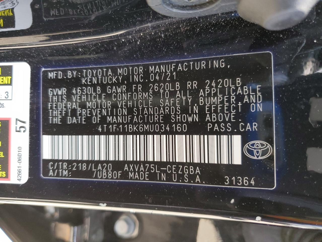 2021 Toyota Camry Xle VIN: 4T1F11BK6MU034160 Lot: 64397145