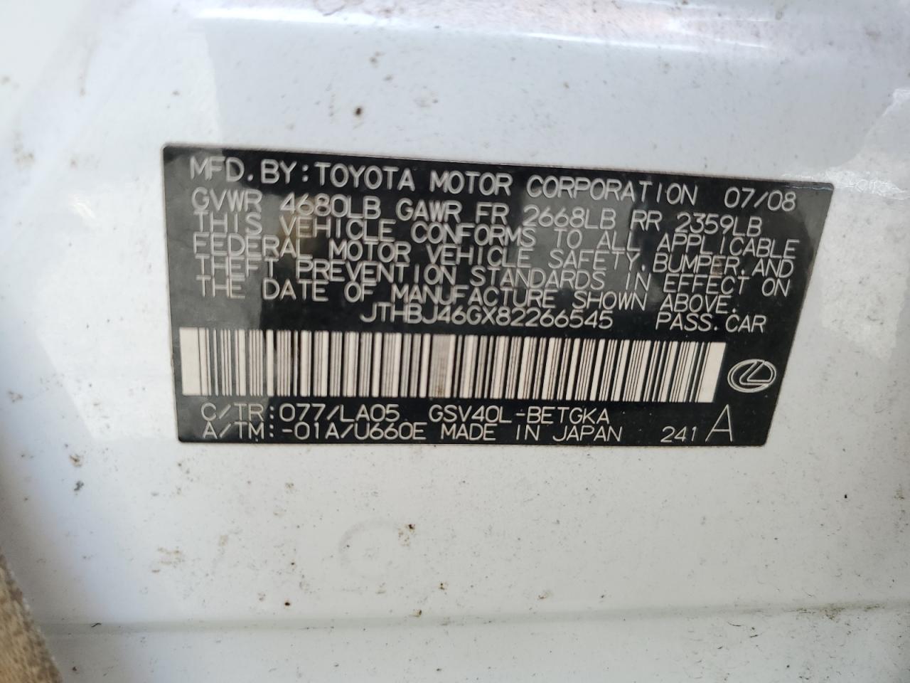 2008 Lexus Es 350 VIN: JTHBJ46GX82266545 Lot: 66320205