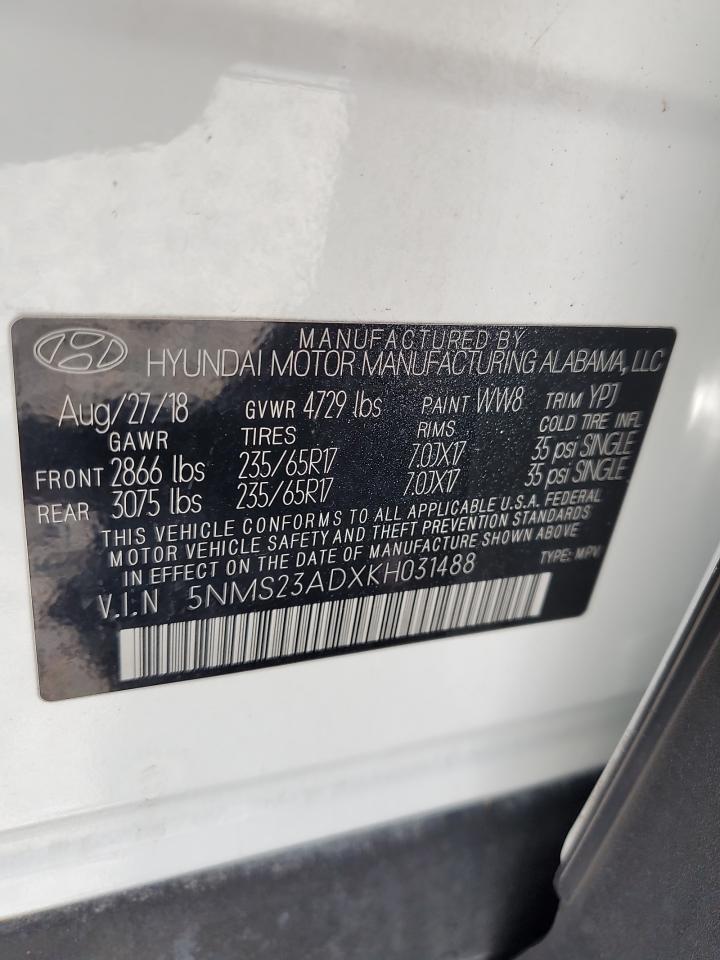5NMS23ADXKH031488 2019 Hyundai Santa Fe Se