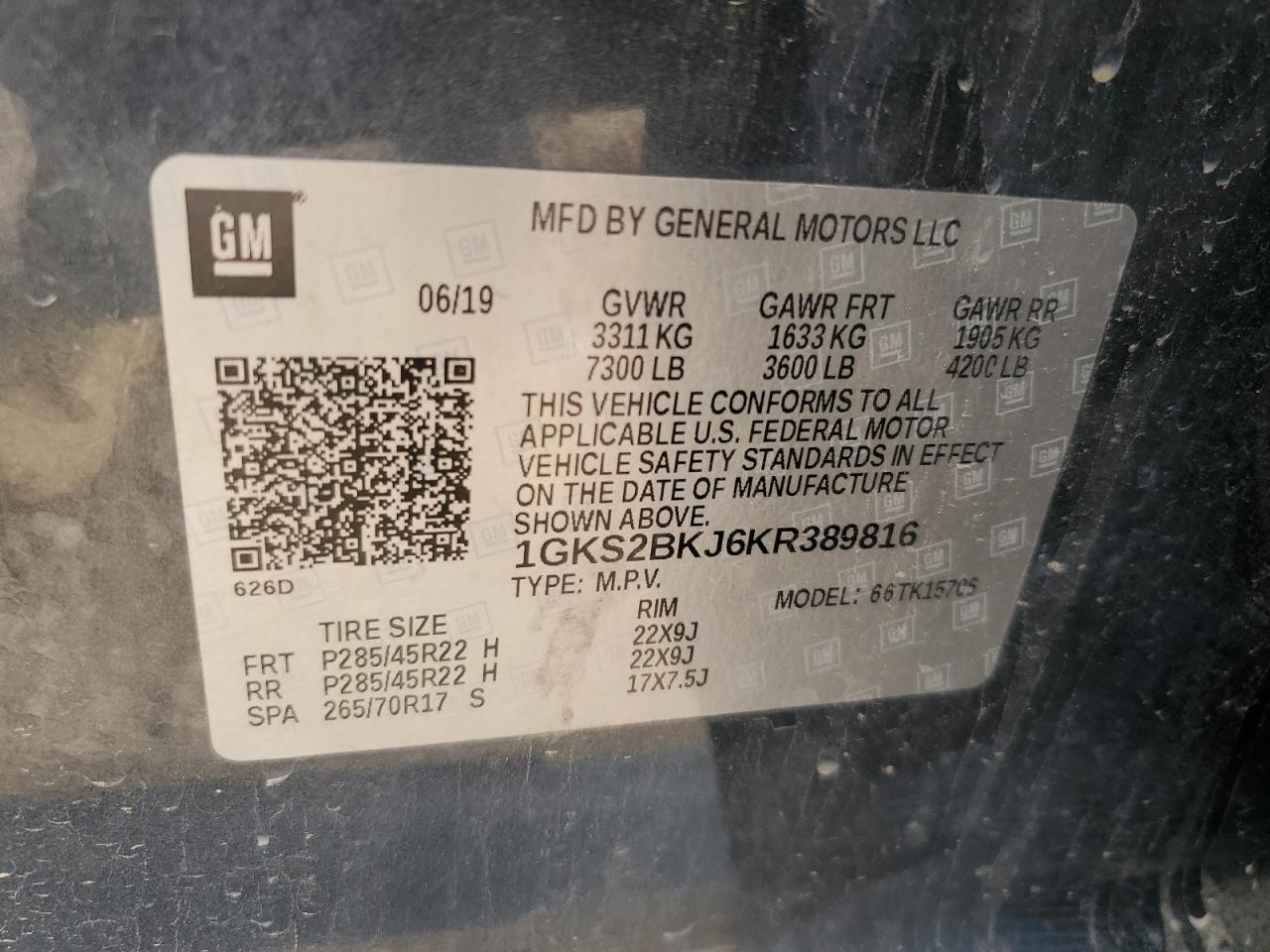 2019 GMC Yukon Slt VIN: 1GKS2BKJ6KR389816 Lot: 63677105