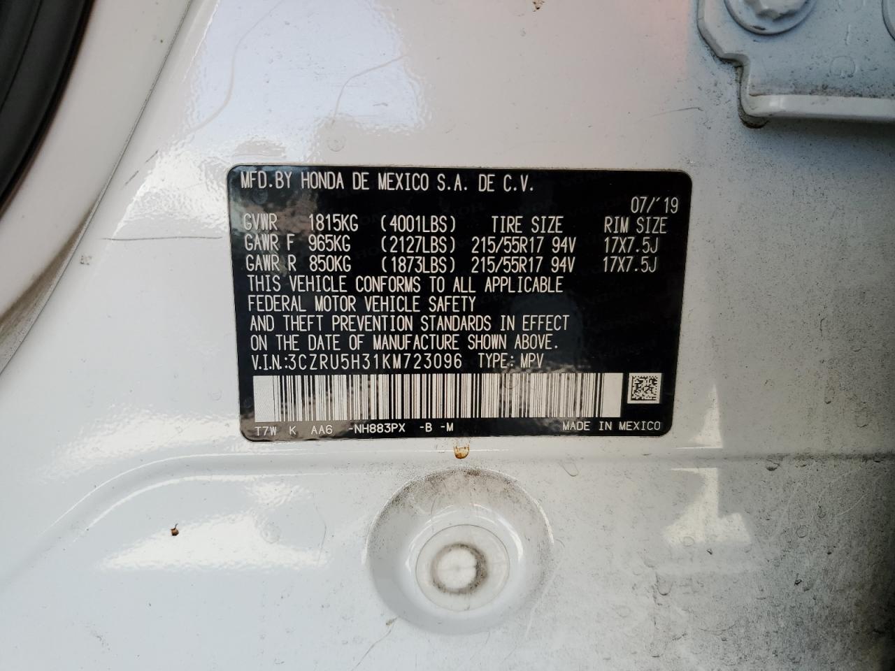 2019 Honda Hr-V Lx VIN: 3CZRU5H31KM723096 Lot: 64402285