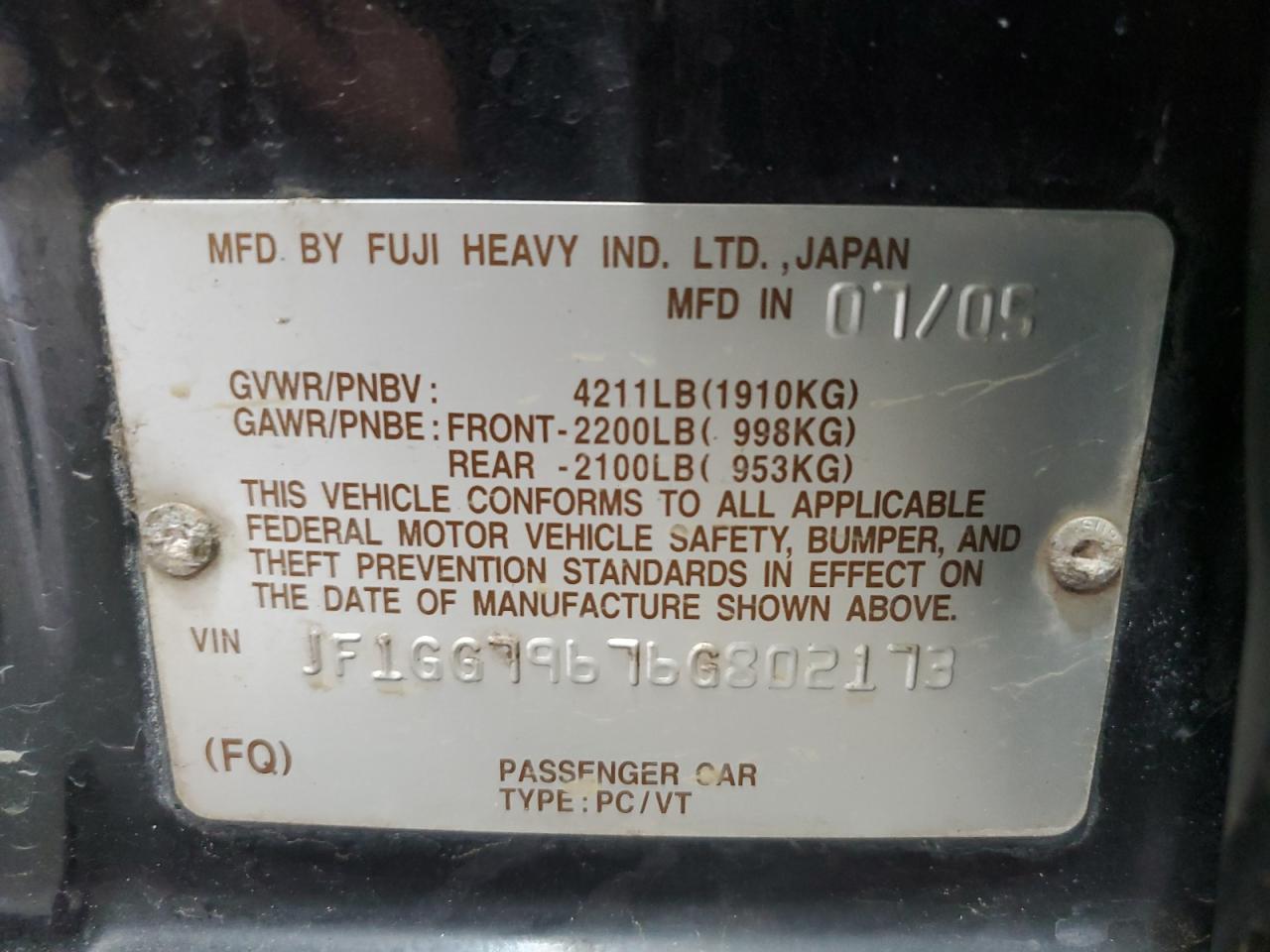 2006 Subaru Impreza Wrx Sport VIN: JF1GG79676G802173 Lot: 65940655