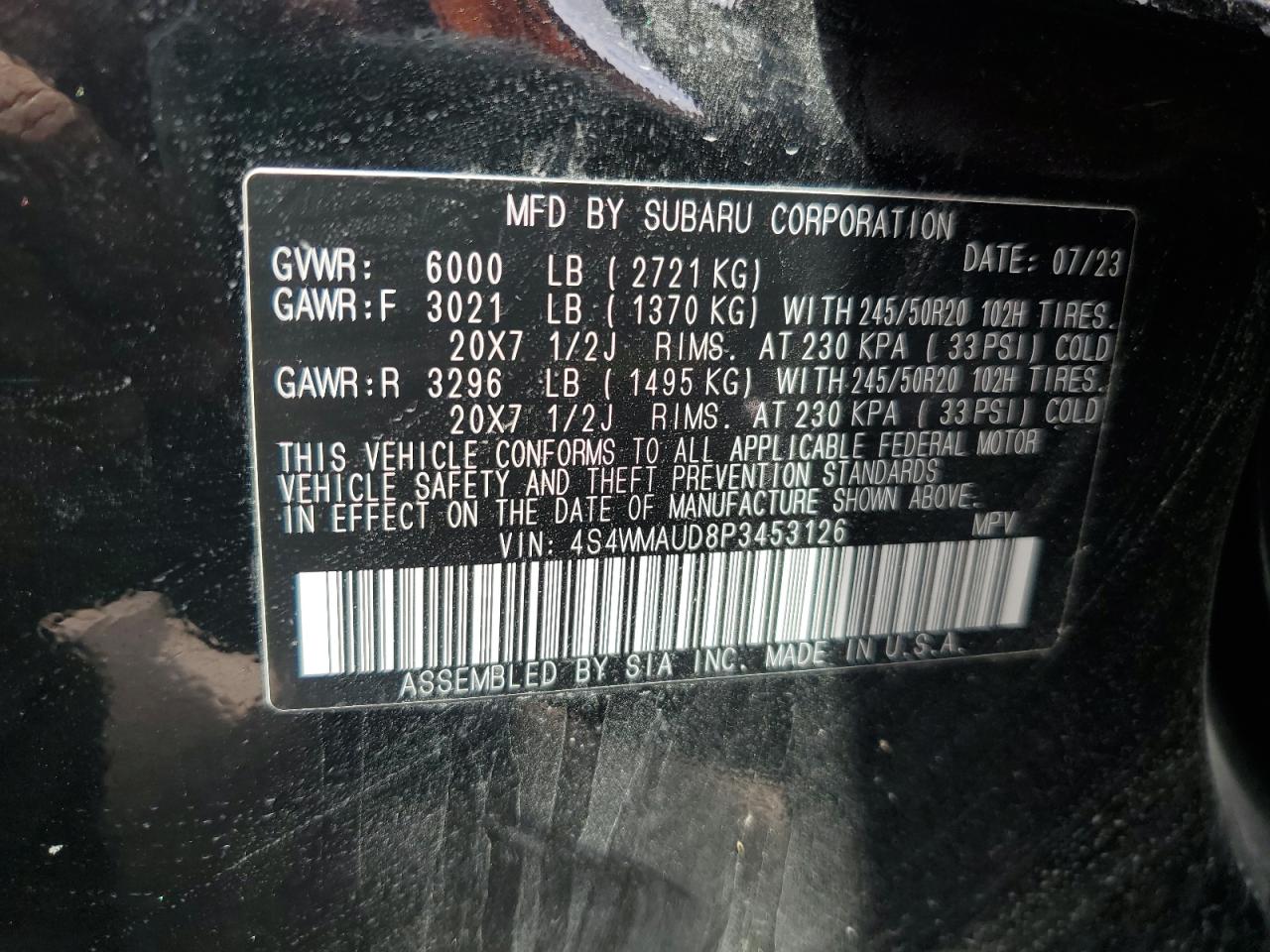 2023 Subaru Ascent Limited VIN: 4S4WMAUD8P3453126 Lot: 65090485