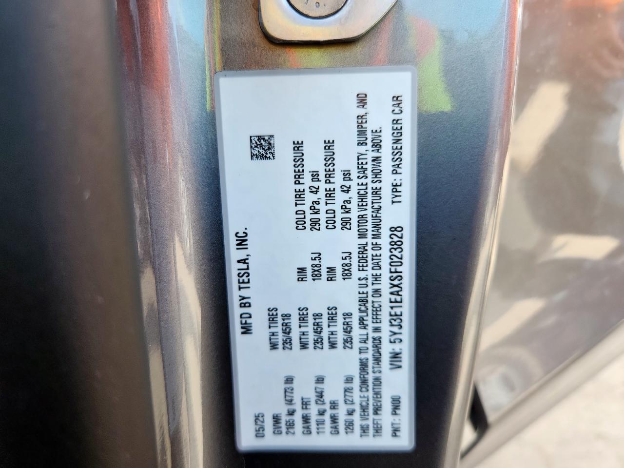 2025 Tesla Model 3 VIN: 5YJ3E1EAXSF023828 Lot: 64797655