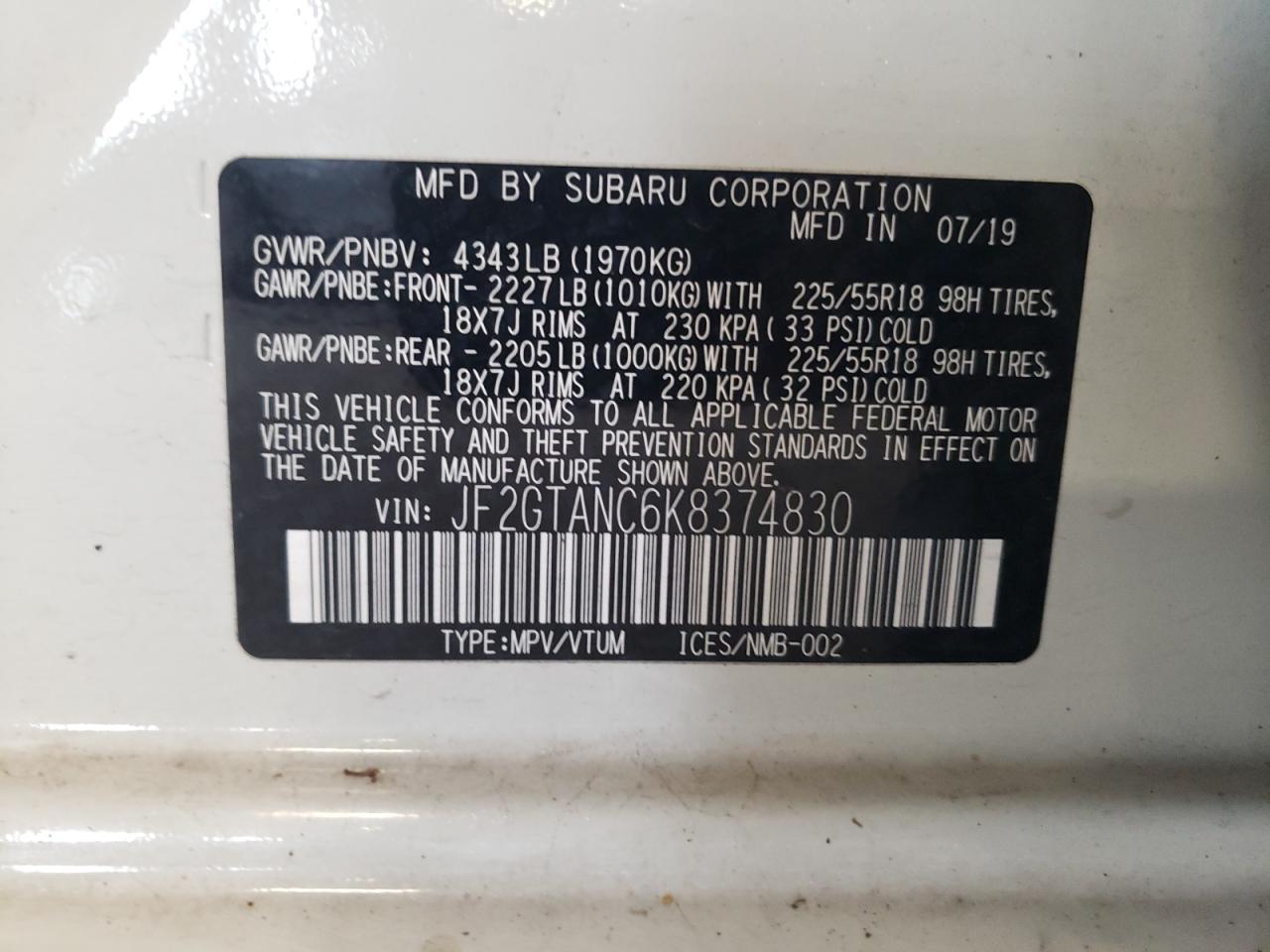 2019 Subaru Crosstrek Limited VIN: JF2GTANC6K8374830 Lot: 66121415